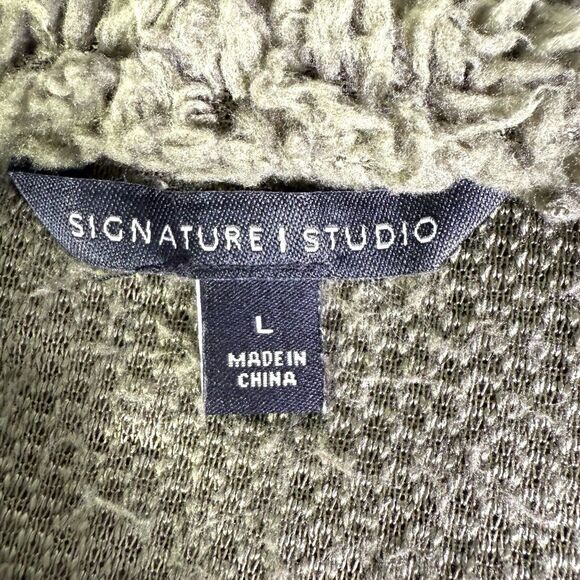 Signature Studio Army Green Fleece Sherpa Top Pullover Pockets Snap Neck Size L - Picture 4 of 12